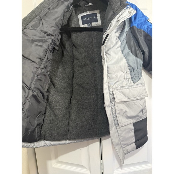 London Fog Kids Winter Puffer Jacket Coat L 7 Blue Gray Hooded Warm Worn Once - Picture 3 of 5